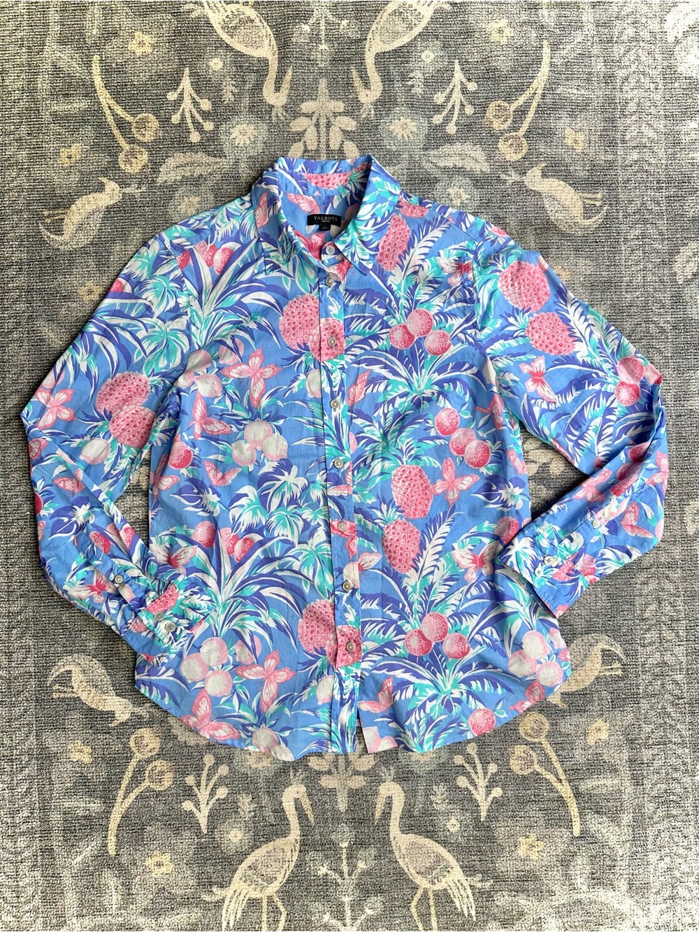 Talbots Petite Tropical Pineapple Butterfly Print Button Down Shirt SP